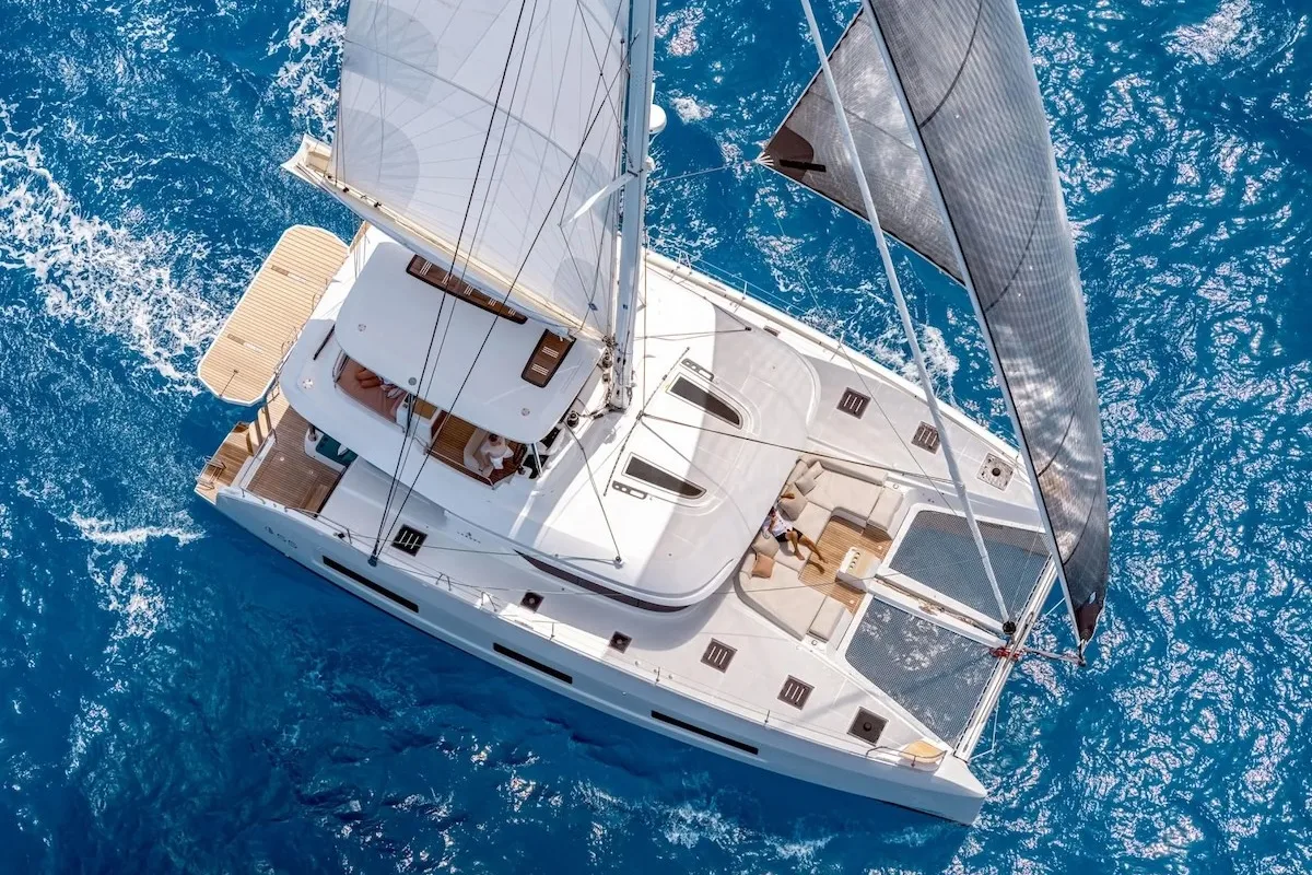 Exterior view of The Moon, a Lagoon 55 catamaran at Marigot, France