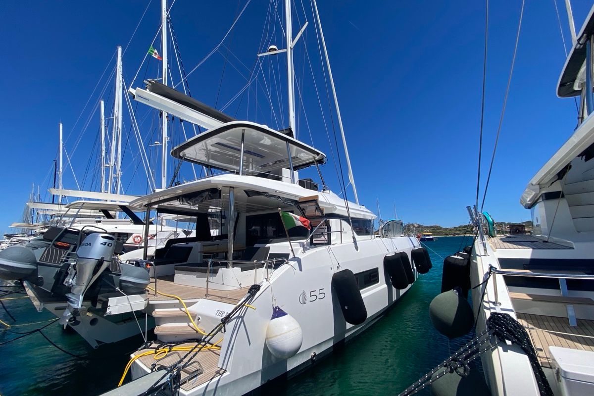 Exterior view of The Moon, a Lagoon 55 catamaran at Marigot, France