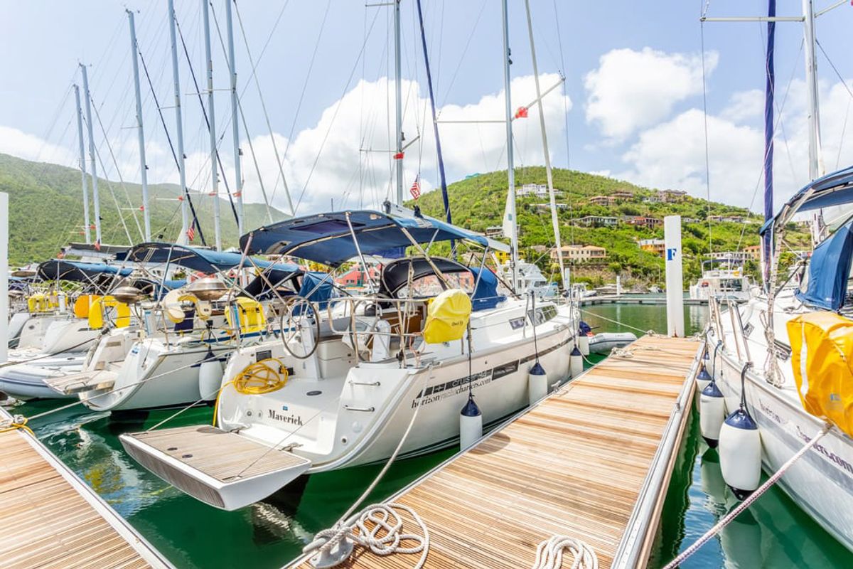 Exterior view of Maverick , a Bavaria 34 sailboat at Road Town, British Virgin Islands