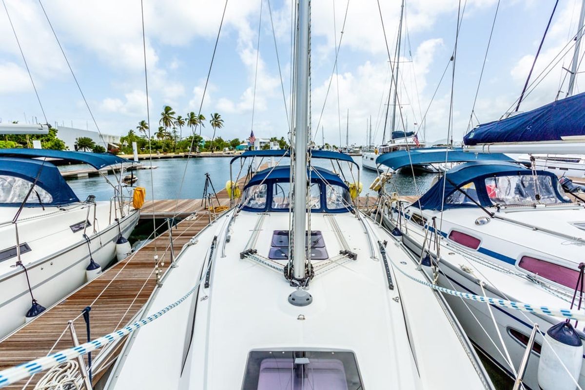 Deck of Maverick , a Bavaria 34 sailboat at Road Town, British Virgin Islands