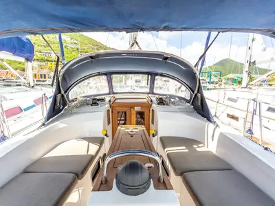 Cockpit of Maverick , a Bavaria 34 sailboat at Road Town, British Virgin Islands