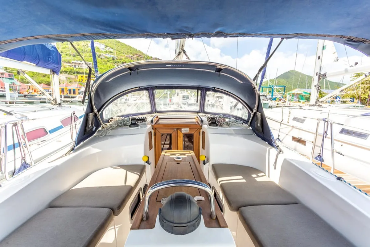 Cockpit of Maverick , a Bavaria 34 sailboat at Road Town, British Virgin Islands