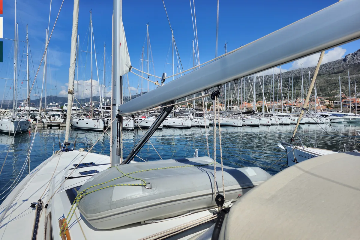 Deck of Calando, a Dufour 430 GL sailboat at Grad Kaštela, Croatia