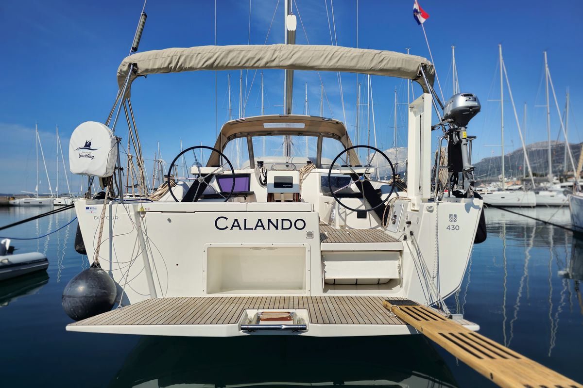 Exterior view of Calando, a Dufour 430 GL sailboat at Grad Kaštela, Croatia