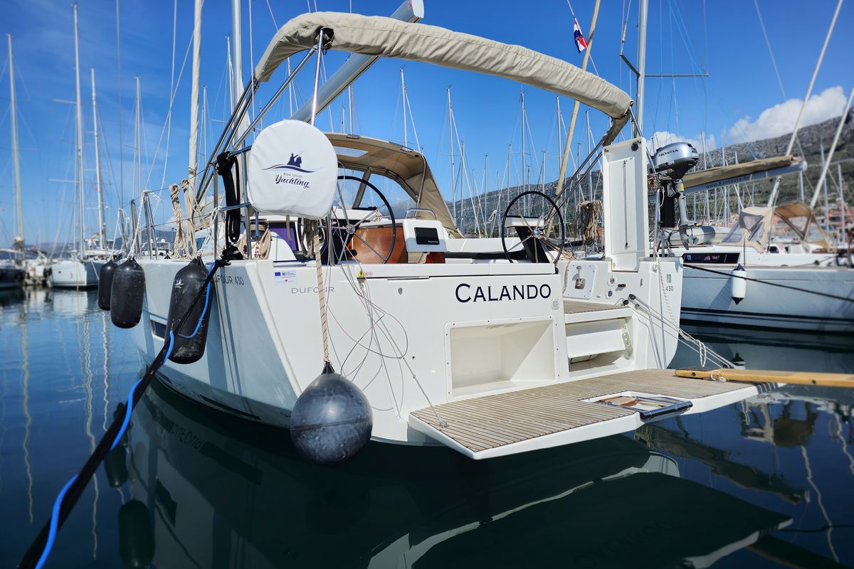 Exterior view of Calando, a Dufour 430 GL sailboat at Grad Kaštela, Croatia