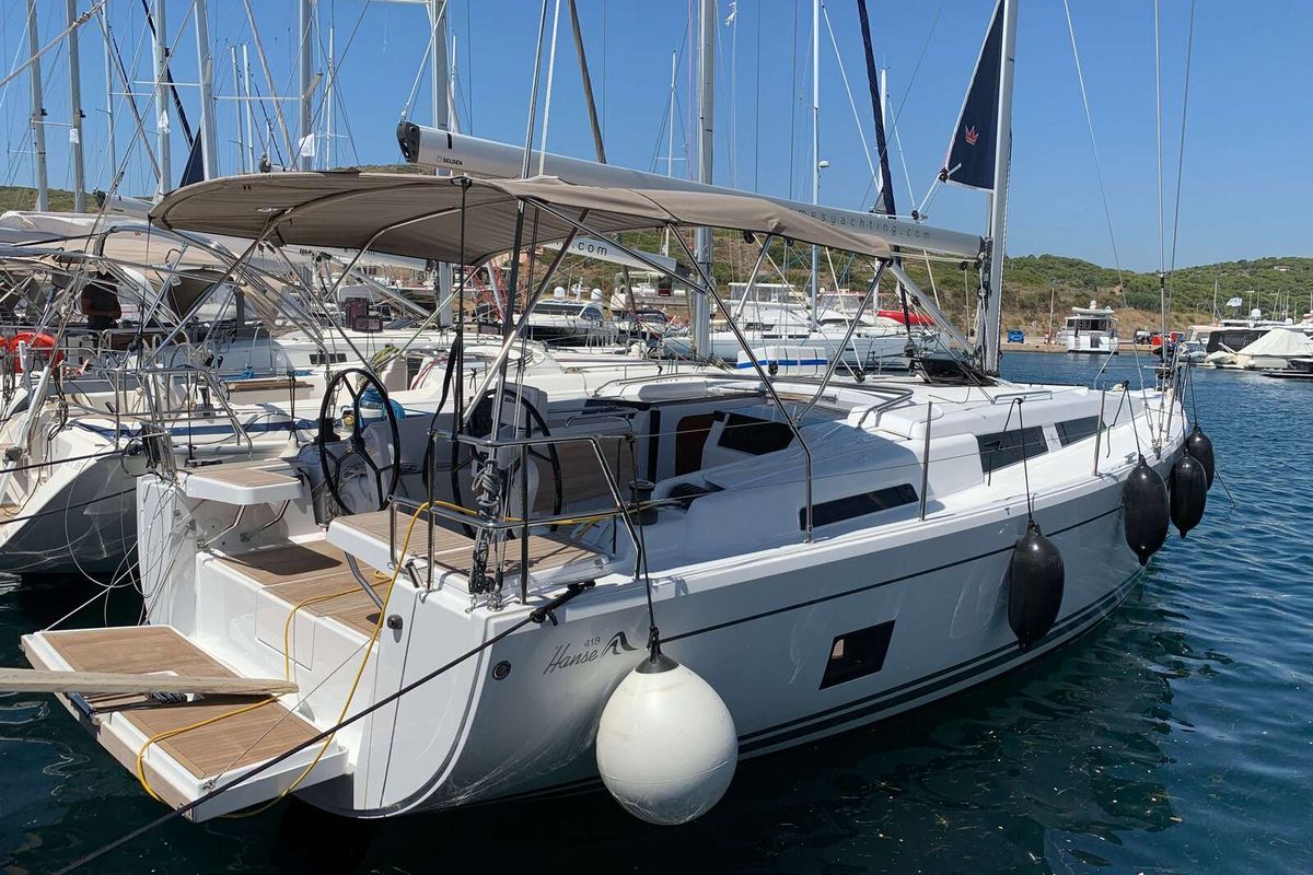 Exterior view of Shrimp, a Hanse Yachts Hanse 418 sailboat at Lavreotiki Municipal Unit, Greece