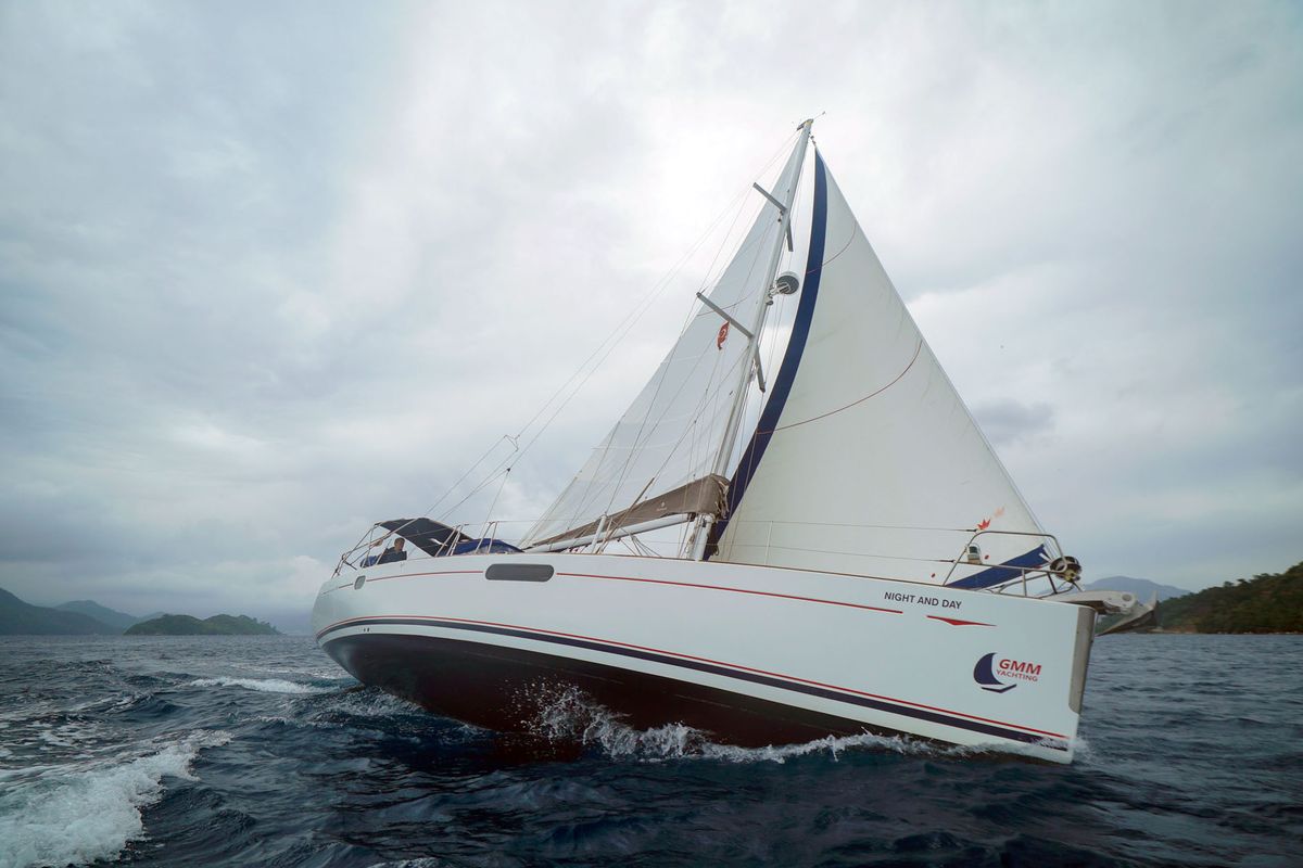 Exterior view of Night & Day, a Jeanneau Sun Odyssey 44 i sailboat at Marmaris, Turkey