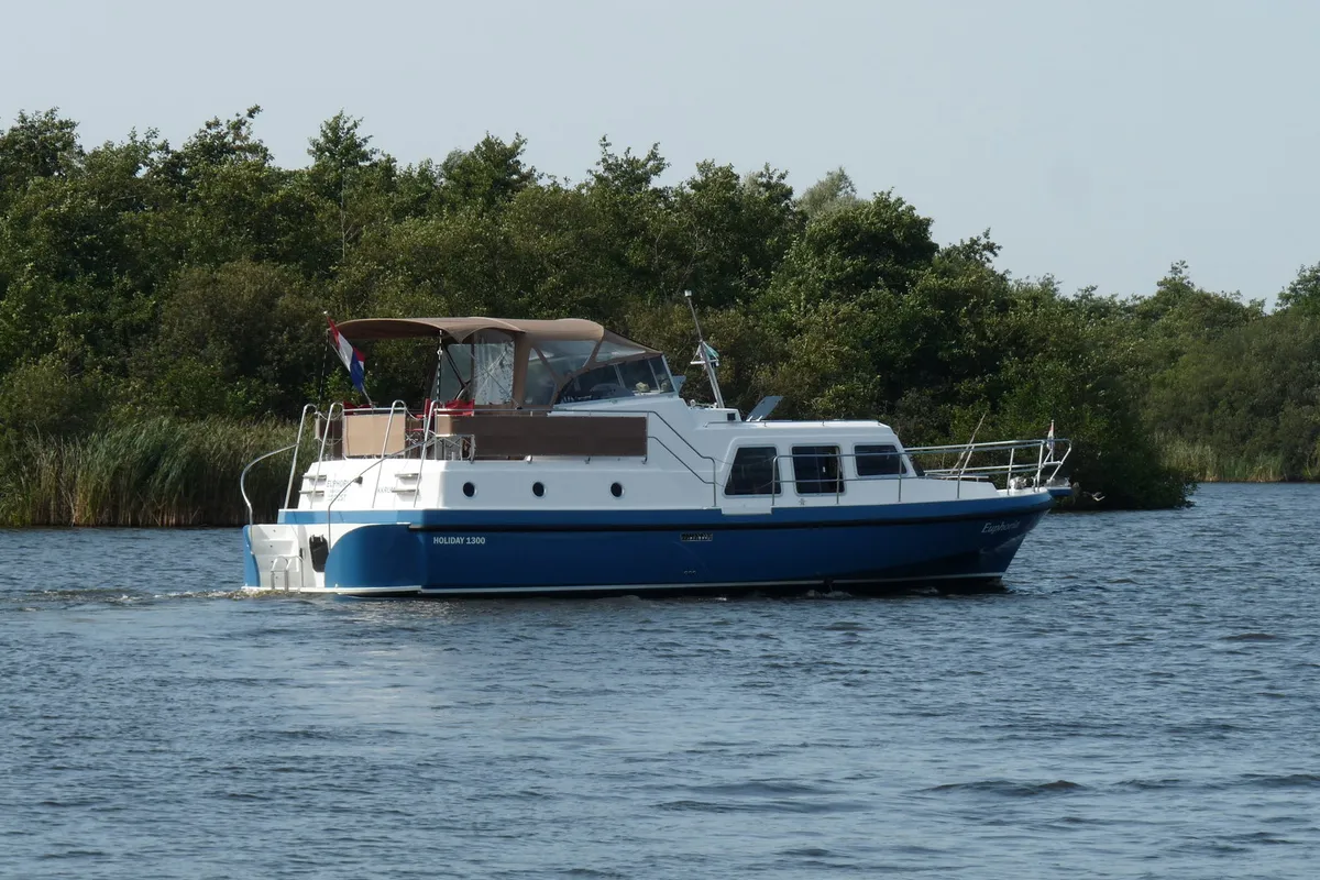Exterior view of Euphoria, a Gulet Holiday 1300 motorboat at Akkrum, Netherlands
