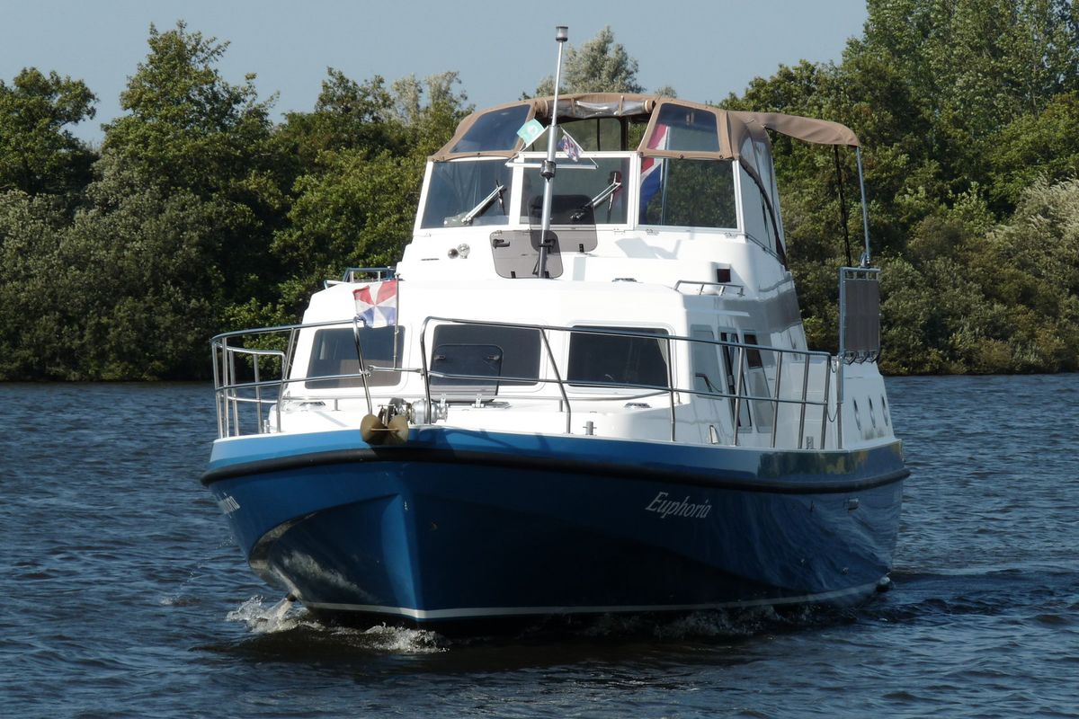 Exterior view of Euphoria, a Gulet Holiday 1300 motorboat at Akkrum, Netherlands