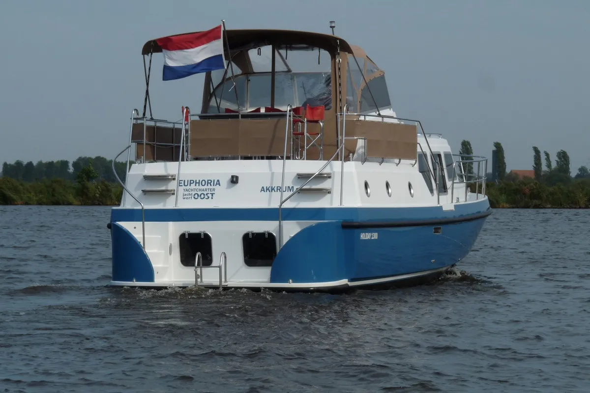 Exterior view of Euphoria, a Gulet Holiday 1300 motorboat at Akkrum, Netherlands