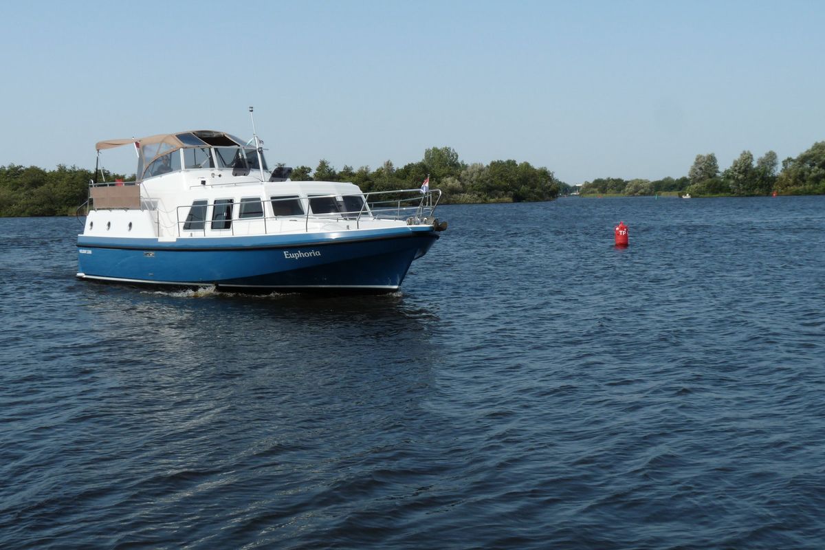 Exterior view of Euphoria, a Gulet Holiday 1300 motorboat at Akkrum, Netherlands