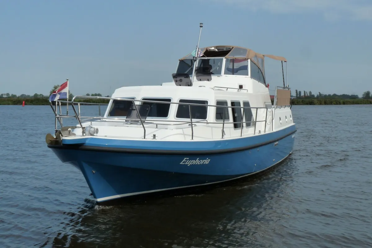 Exterior view of Euphoria, a Gulet Holiday 1300 motorboat at Akkrum, Netherlands