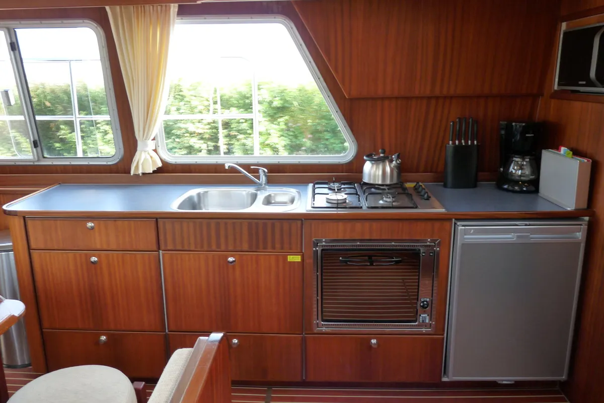 Galley of Euphoria, a Gulet Holiday 1300 motorboat at Akkrum, Netherlands