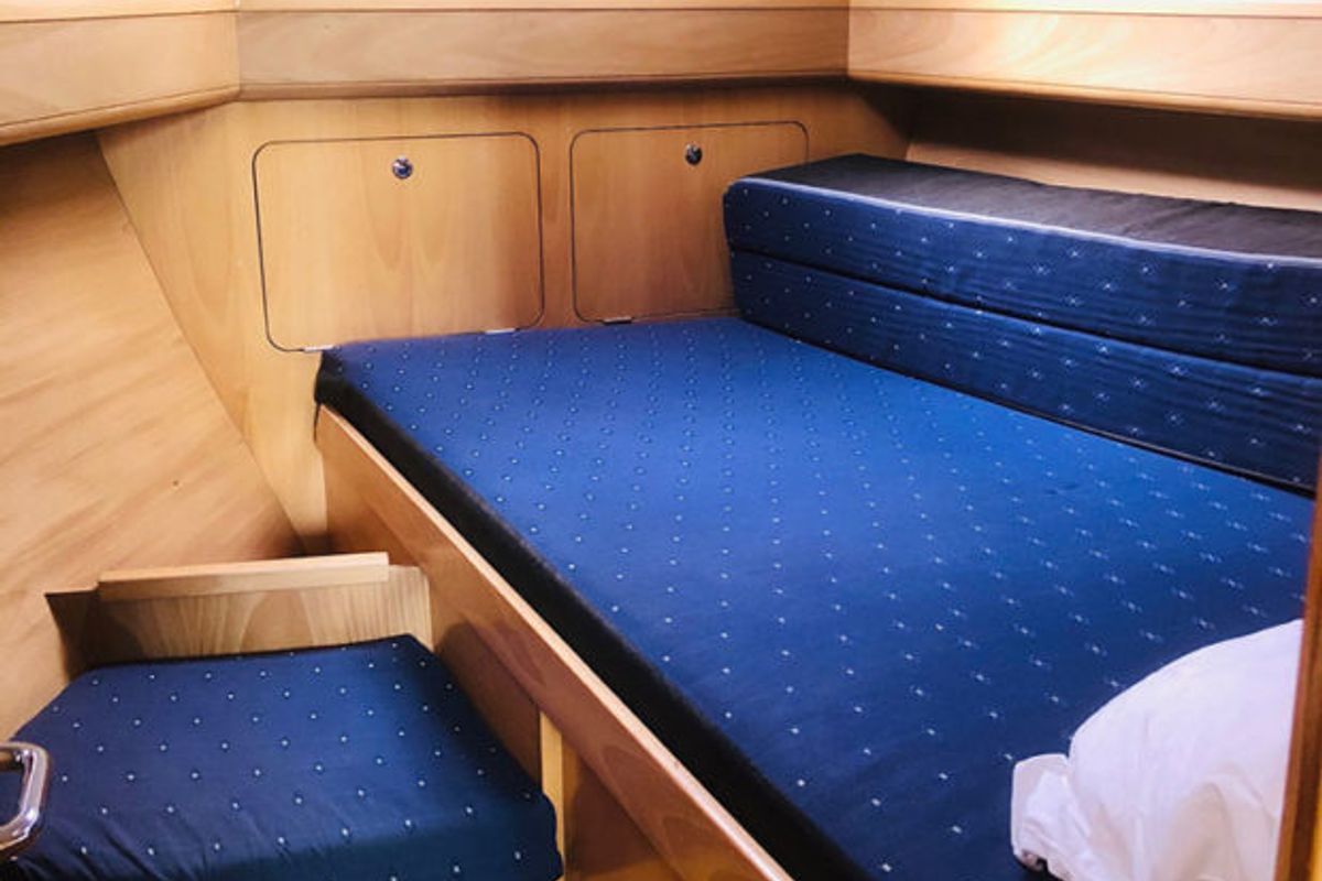 Cabin on Bagass, a Feeling 39 sailboat at Port Navalo, France
