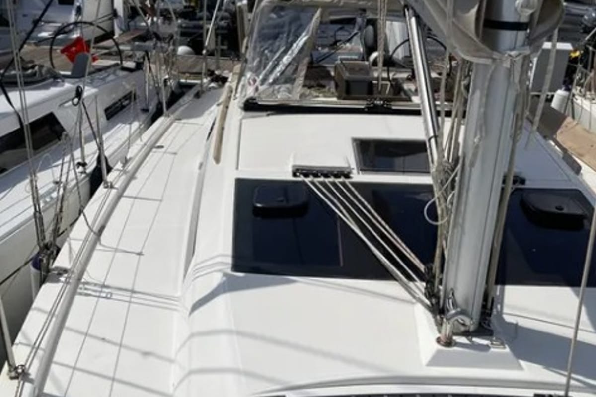 Deck of Swell, a Dufour 390 Grand Large sailboat at Municipal Unit of Apollonioi, Greece