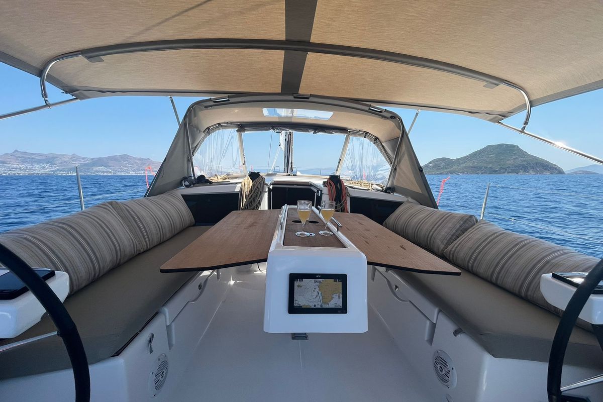 Cockpit of Isabella, a Dufour 430 GL sailboat at Marmaris, Turkey
