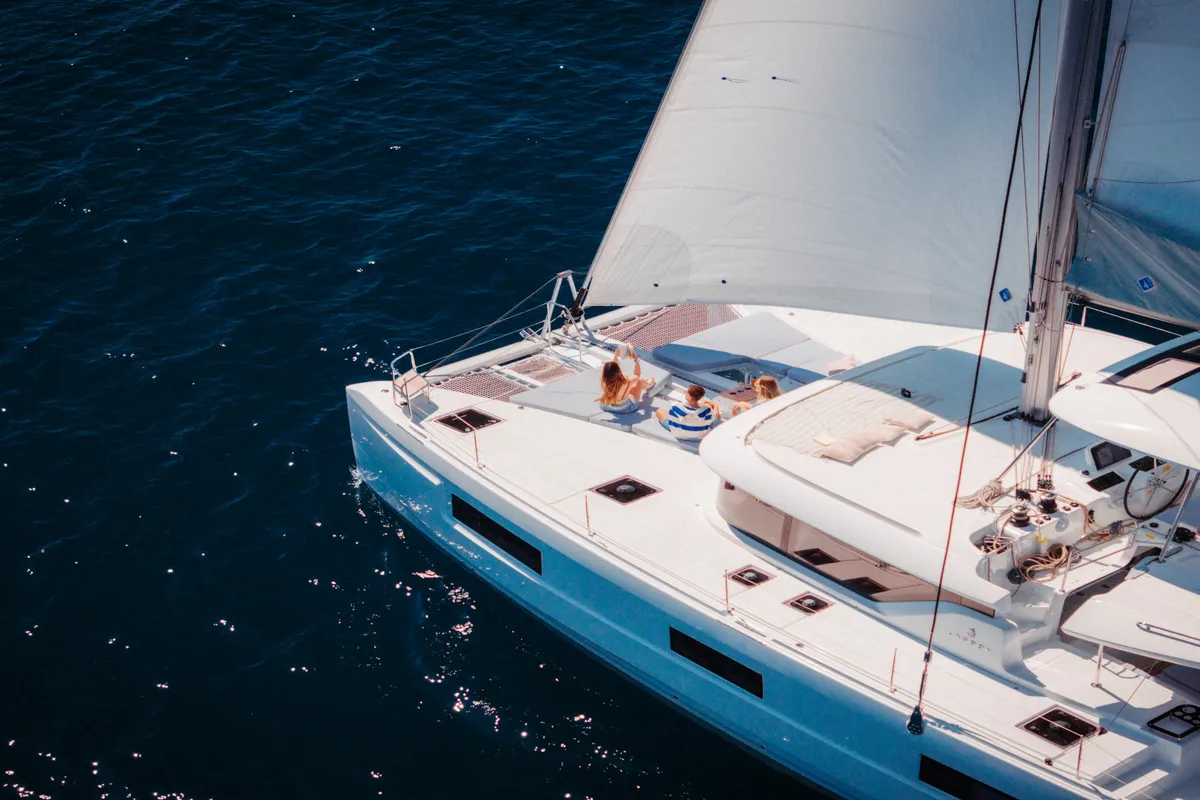 Exterior view of Lodire, a Lagoon 46 OW catamaran at Athens, Greece