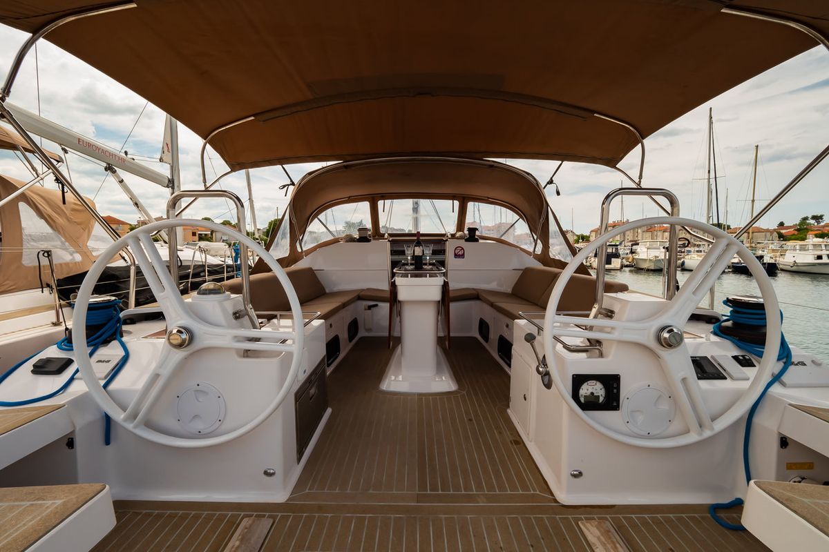 Cockpit of Alegria I, a Elan Impression 50 sailboat at Grad Biograd na Moru, Croatia
