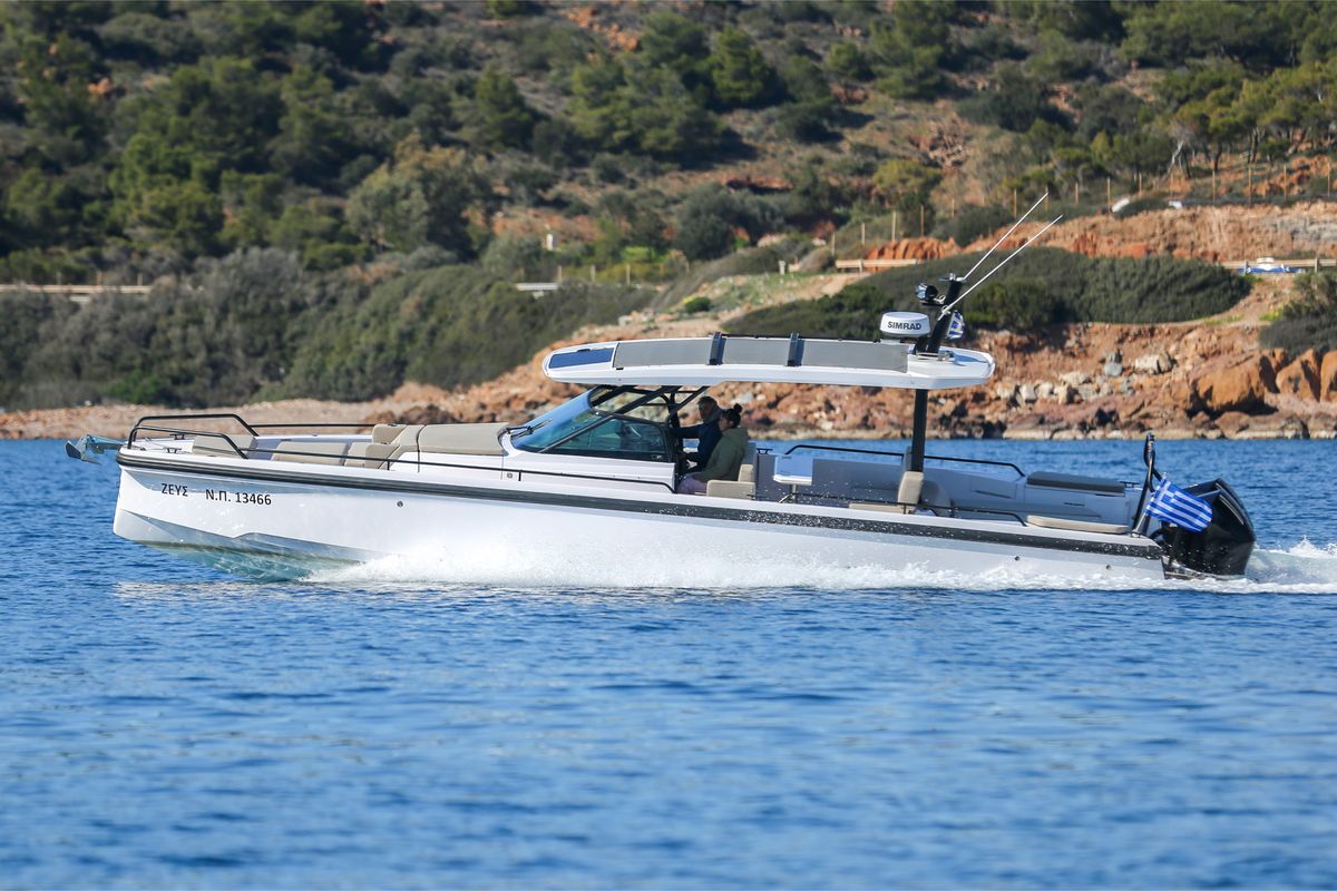 Exterior view of ZEUS, a Axopar 37 Sun Top motorboat at Eretria Municipal Unit, Greece