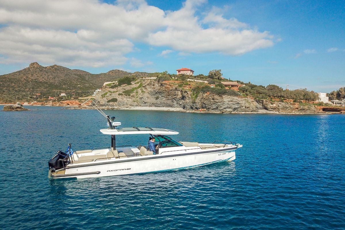 Exterior view of ZEUS, a Axopar 37 Sun Top motorboat at Eretria Municipal Unit, Greece