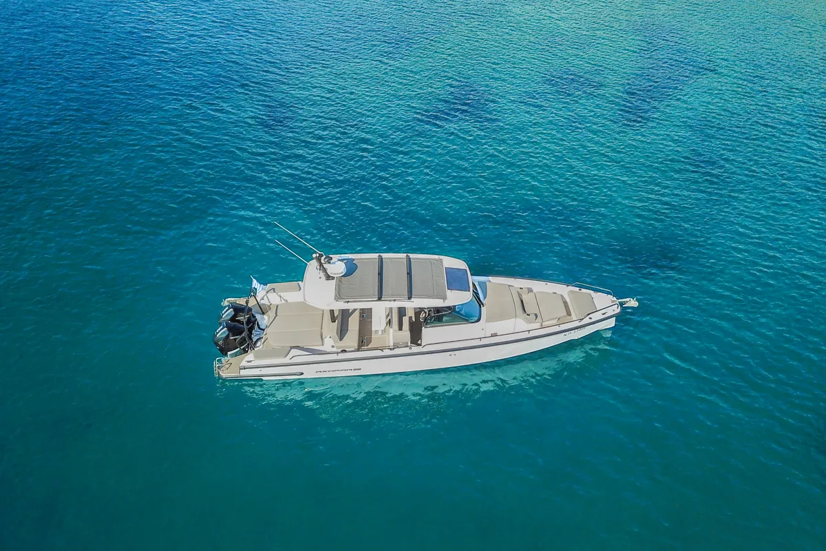 Exterior view of ZEUS, a Axopar 37  Sun Top motorboat at Eretria Municipal Unit, Greece