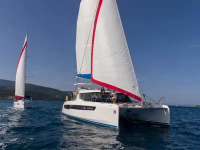 Exterior view of Sunsail 454L Premium, a Leopard 45 catamaran at Općina Marina, Croatia