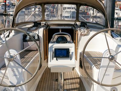 Cockpit of FIX, a Bavaria 34 sailboat at Baiona, Spain