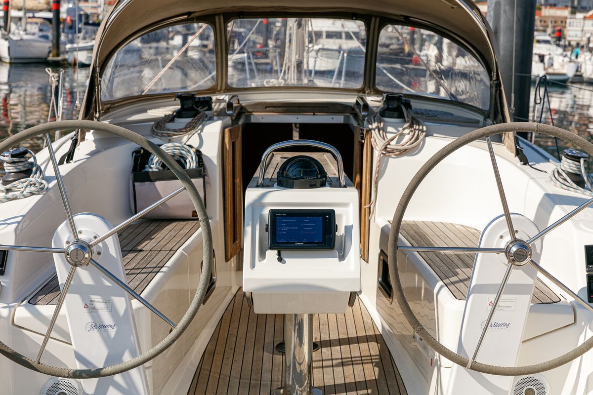 Cockpit of FIX, a Bavaria 34 sailboat at Baiona, Spain