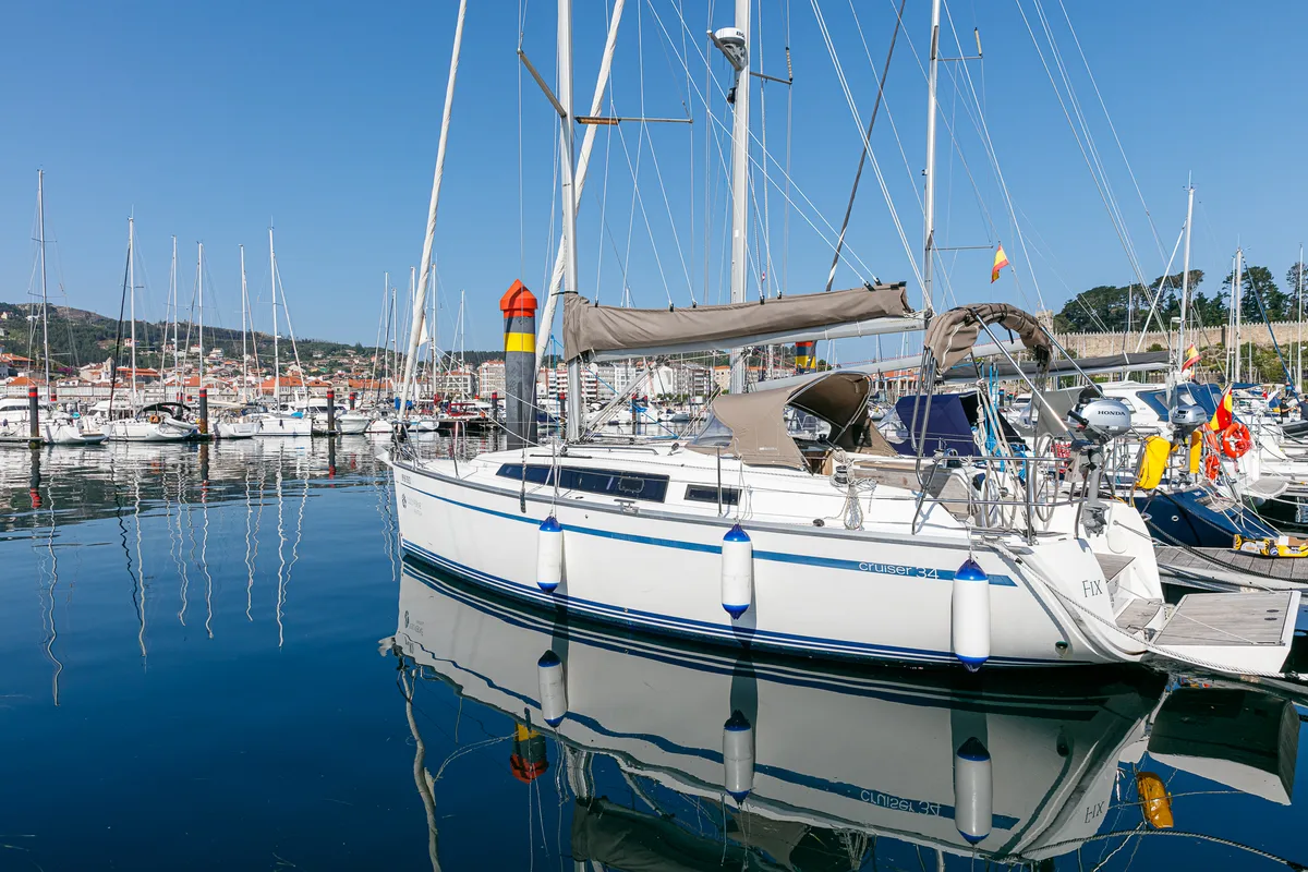 Exterior view of FIX, a Bavaria 34 sailboat at Baiona, Spain