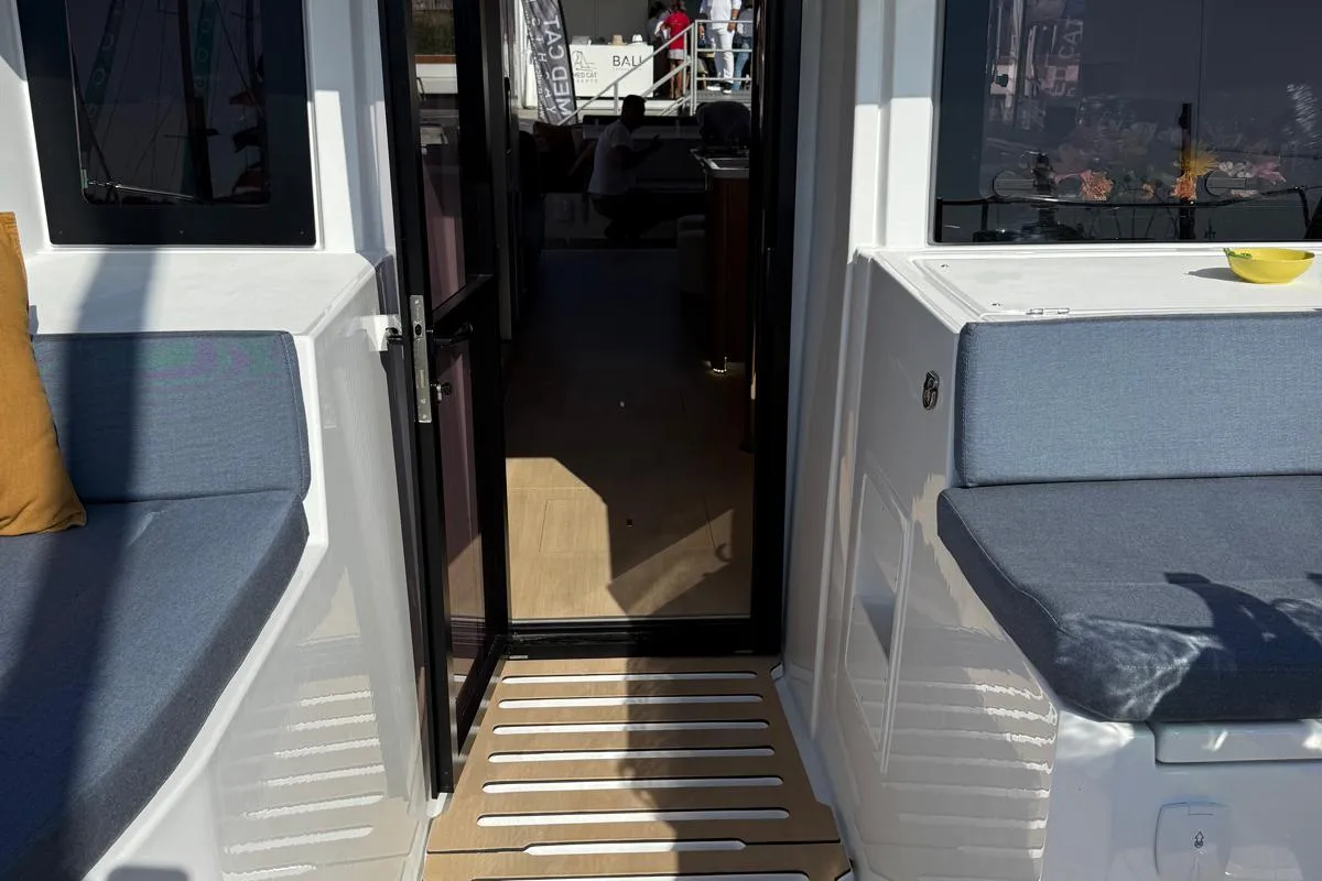 Deck of Lady M, a Bali 5.2 catamaran at Salerno, Italy