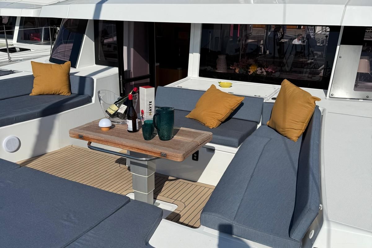 Deck of Lady M, a Bali 5.2 catamaran at Salerno, Italy