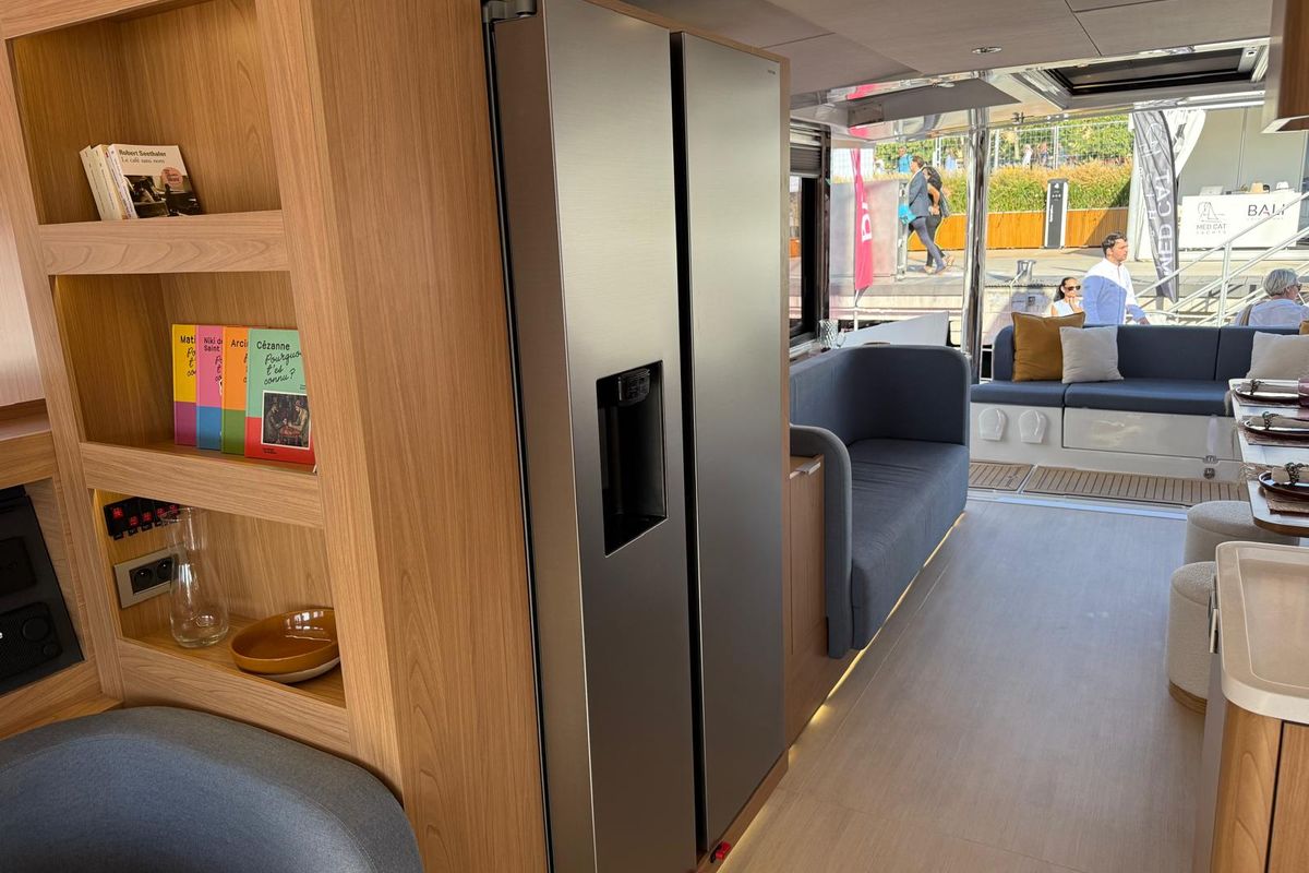 Salon of Lady M, a Bali 5.2 catamaran at Salerno, Italy
