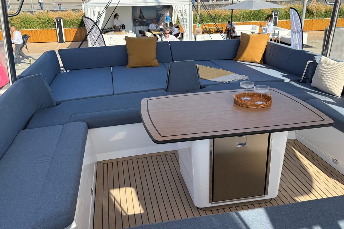 Deck of Lady M, a Bali 5.2 catamaran at Salerno, Italy