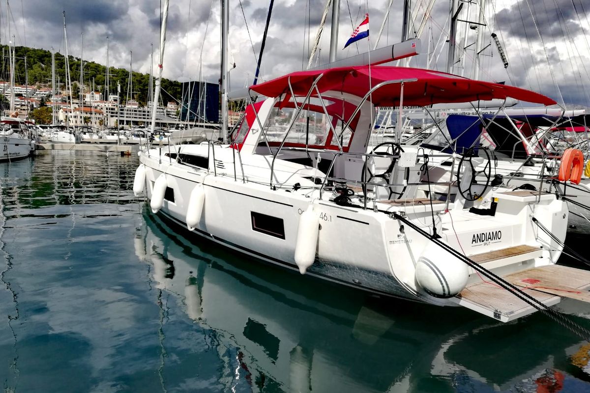 Exterior view of Andiamo, a Beneteau Oceanis 46.1 sailboat at Athens, Greece