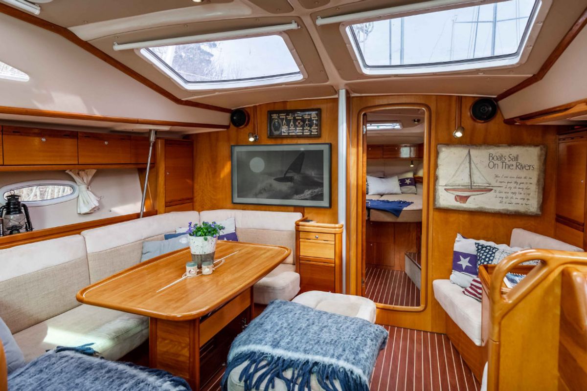 Salon of Meer Elis, a Bavaria 44 Vision sailboat at Bergen, Norway