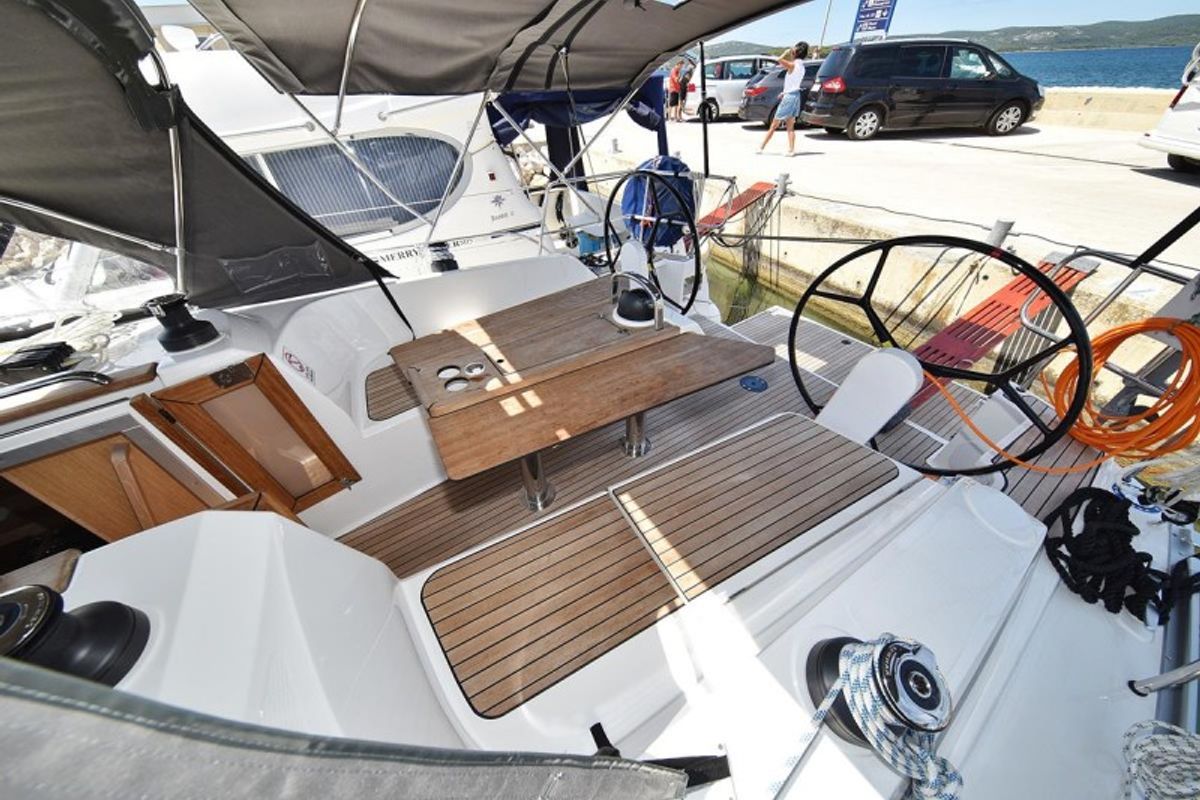 Deck of Sofija, a Bavaria Cruiser 37 sailboat at Grad Biograd na Moru, Croatia