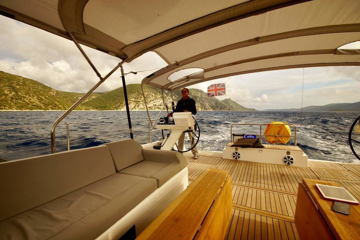 Cockpit of Bahia Feliz V, a Dufour Exclusive 63 sailboat at Primošten, Croatia