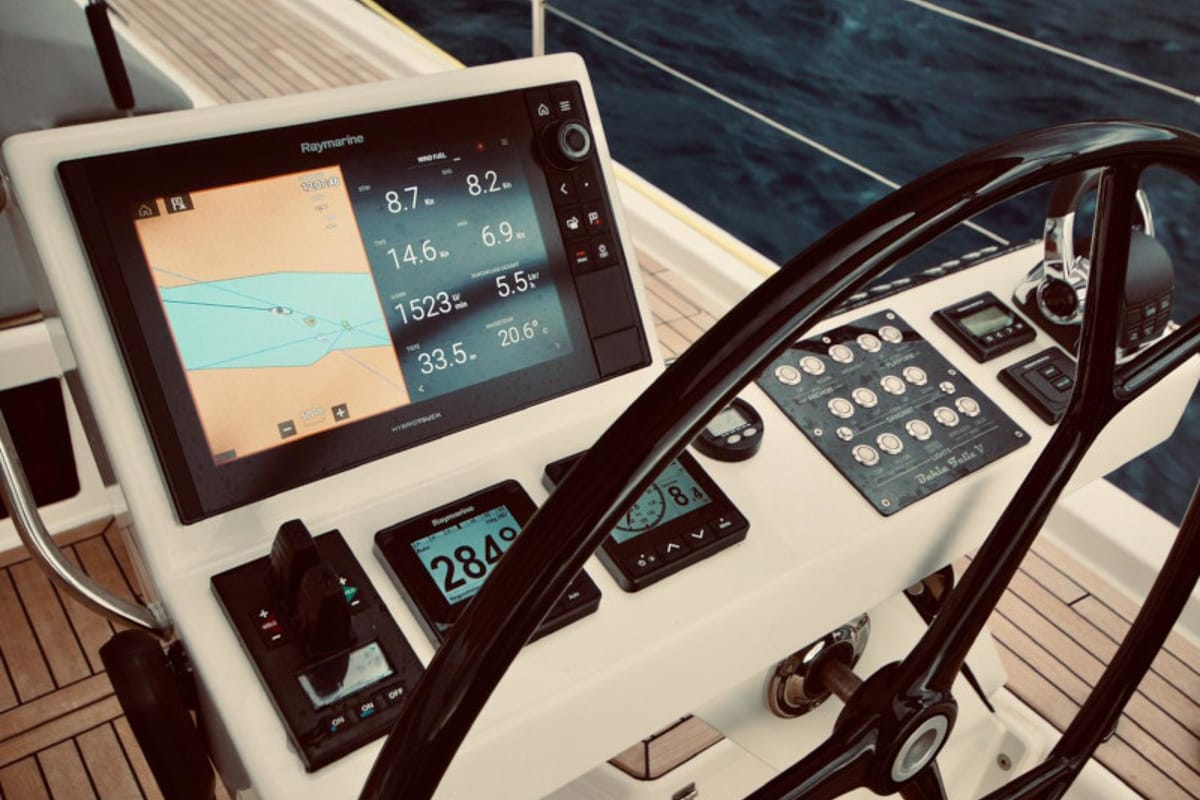 Cockpit of Bahia Feliz V, a Dufour Exclusive 63 sailboat at Primošten, Croatia