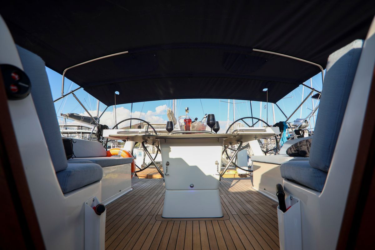 Cockpit of Luna Blu, a D&D Kufner 50 sailboat at Salerno, Italy