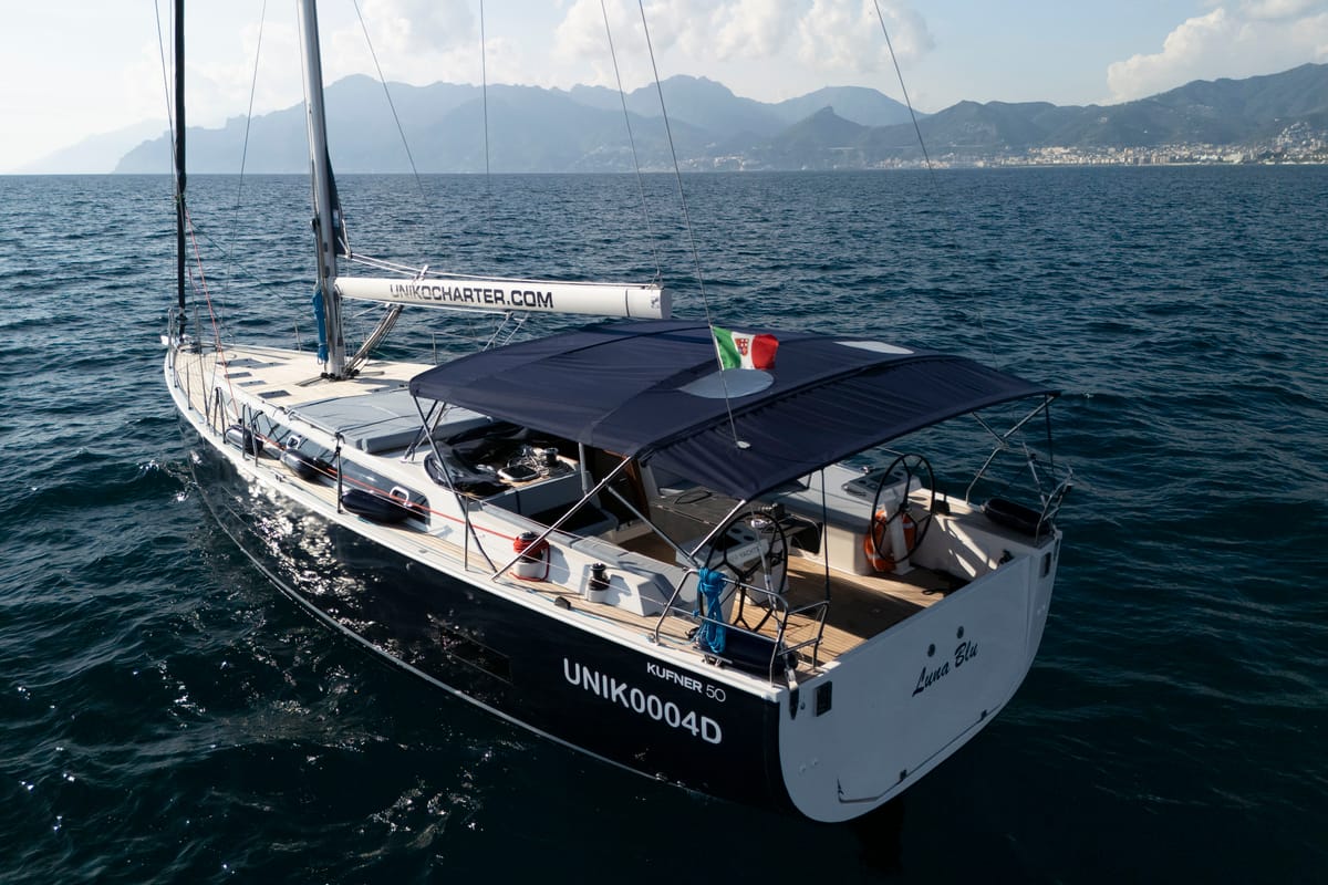 Exterior view of Luna Blu, a D&D Kufner 50 sailboat at Salerno, Italy