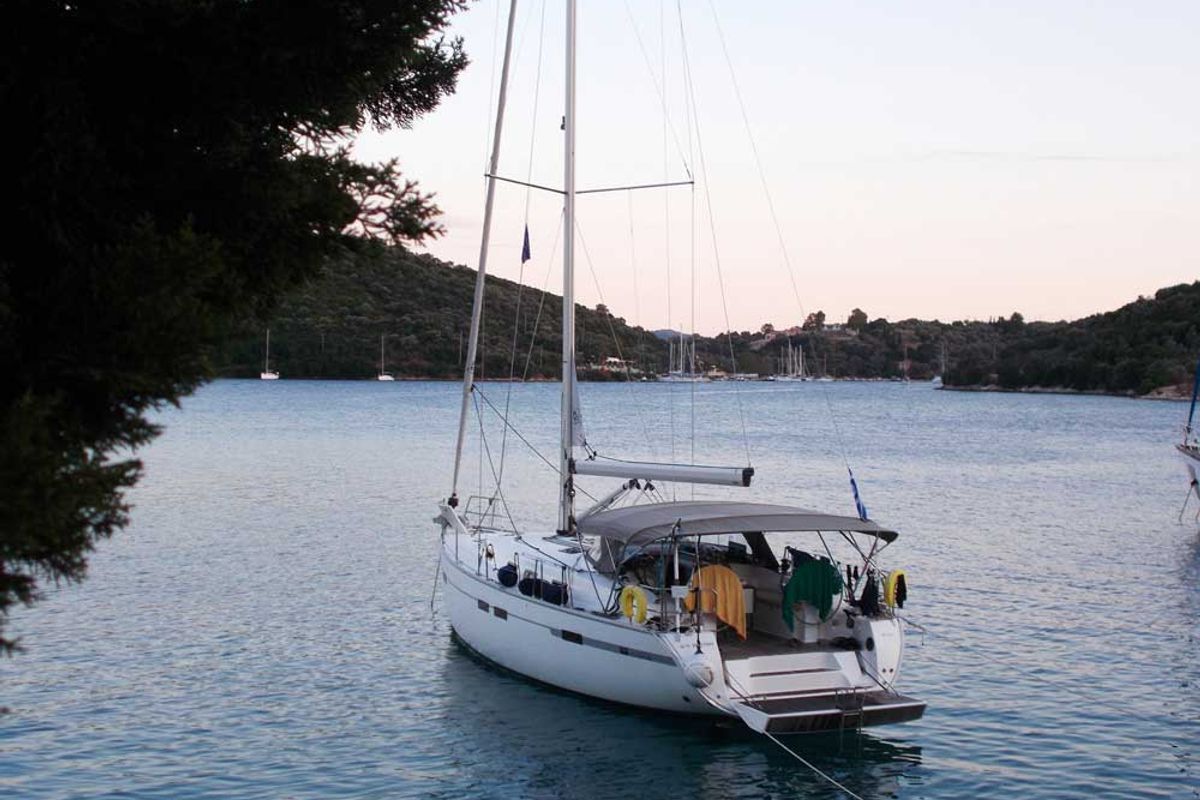 Deck of Destiny, a Bavaria Cruiser 45 sailboat at Kontokali, Greece