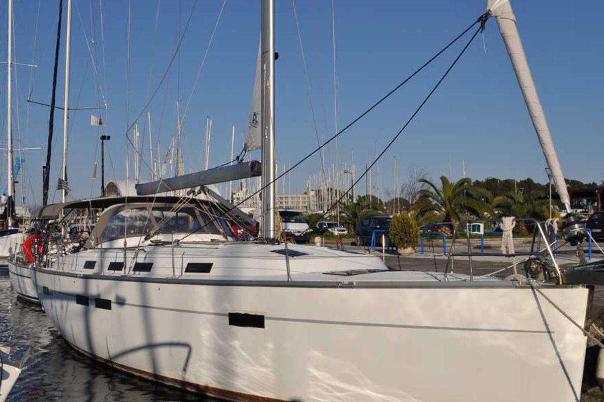 Exterior view of Destiny, a Bavaria Cruiser 45 sailboat at Kontokali, Greece