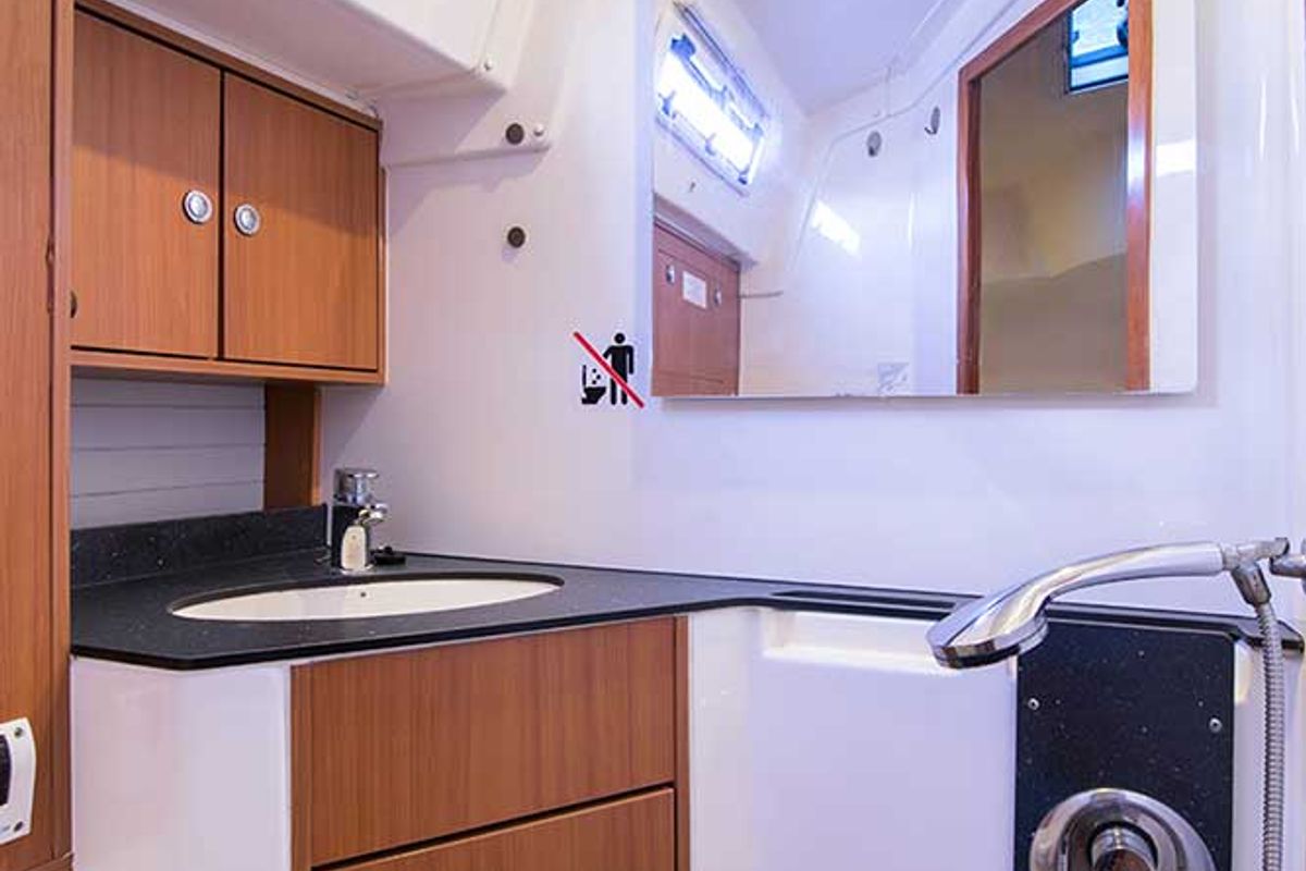 Exterior view of Destiny, a Bavaria Cruiser 45 sailboat at Kontokali, Greece