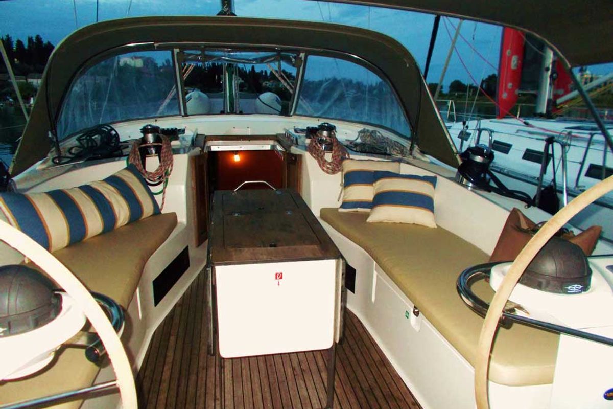 Cabin on Destiny, a Bavaria Cruiser 45 sailboat at Kontokali, Greece