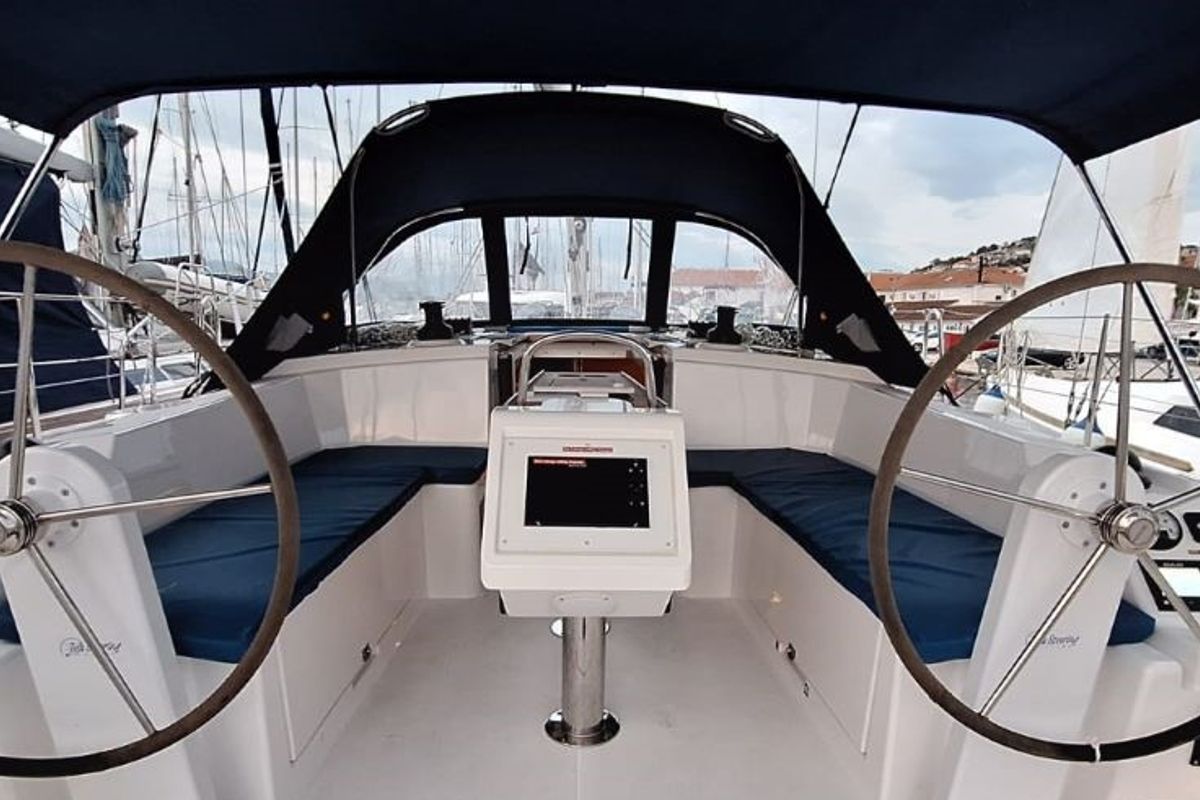 Cockpit of Papagena, a Bavaria C38 sailboat at Grad Šibenik, Croatia