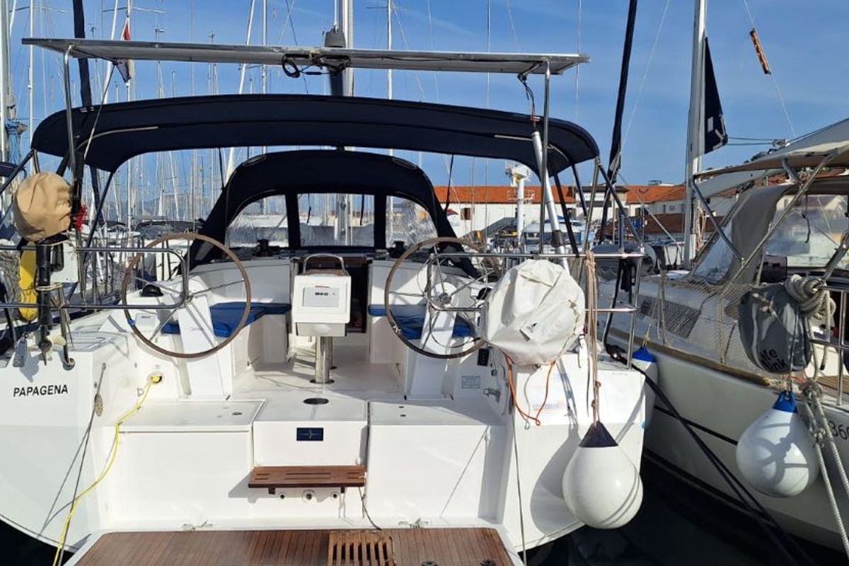 Deck of Papagena, a Bavaria C38 sailboat at Grad Šibenik, Croatia