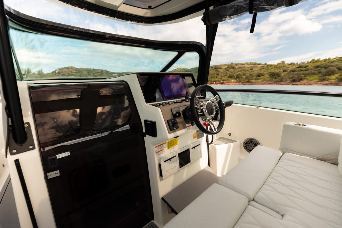 Cockpit of Aquallou, a Saxdor Yachts Saxdor 270 GTO motorboat at Anavissos Municipal Unit, Greece