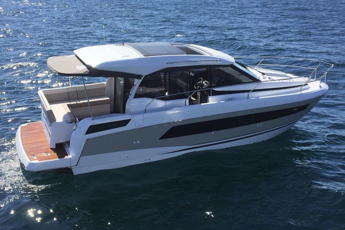 Exterior view of Feel the Beat, a Jeanneau NC 33 motorboat at Barth, Germany