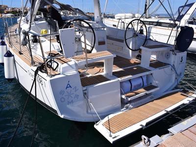 Cockpit of Ánemos, a Beneteau Oceanis 38 sailboat at U Pàize/Carloforte, Italy