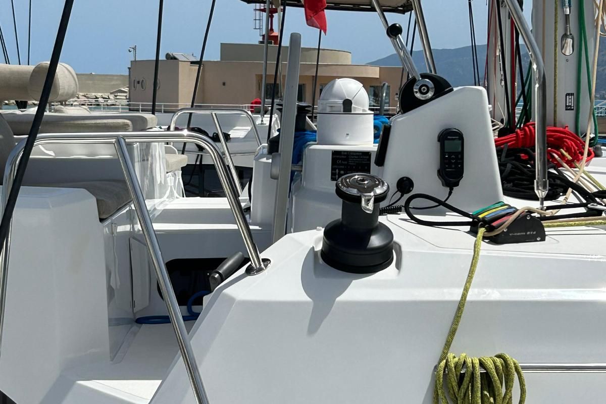 Cockpit of Kanè, a Bali Catspace catamaran at Capo d'Orlando, Italy